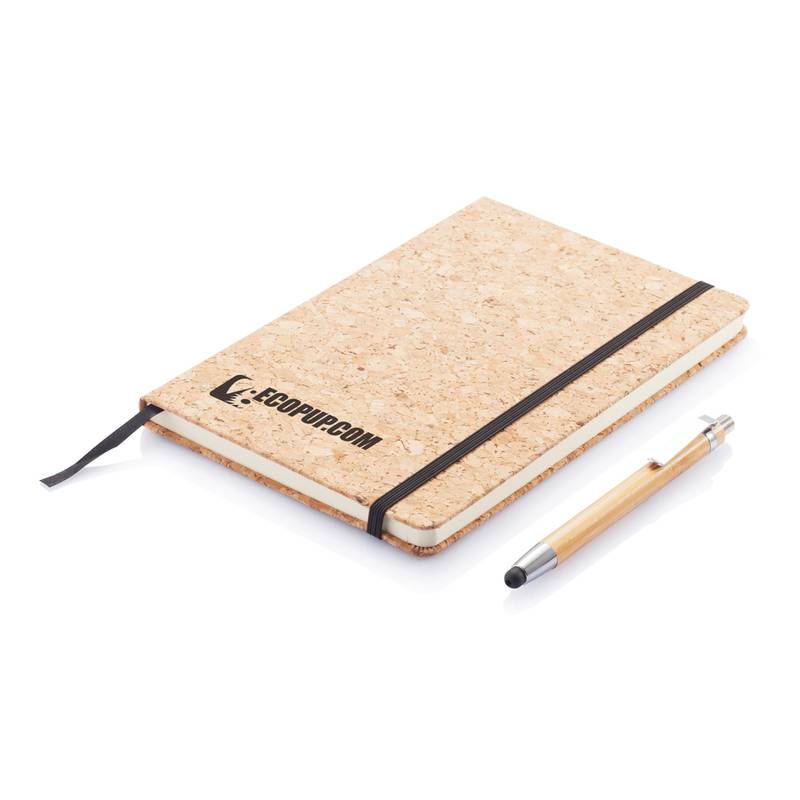 Eko zápisník, korkový obal a bambusové pero so stylusom, hnedá